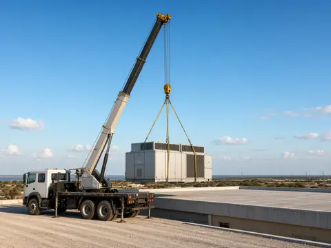 Boom truck crane lifting a rooftop HVAC unit onto a commercial building