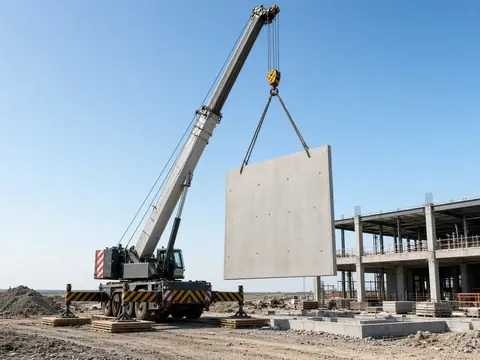 Crane lifting a precast concrete wall panel on a construction site
